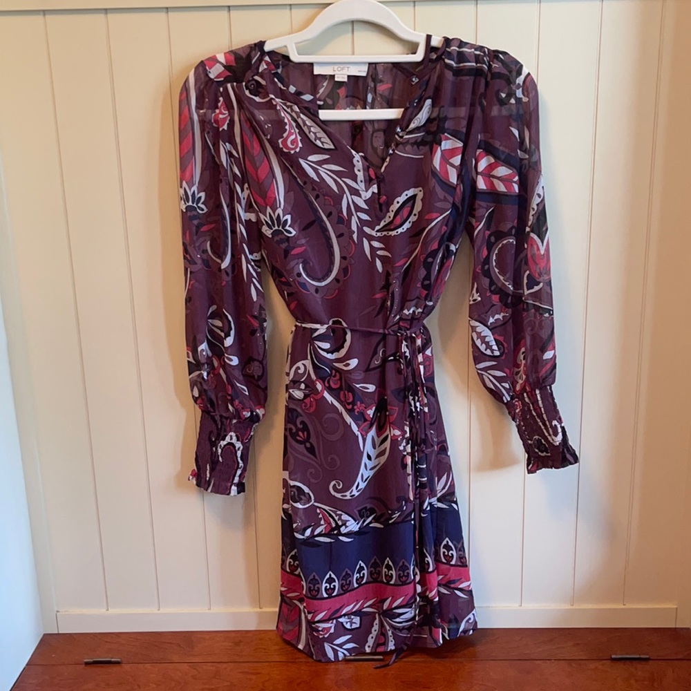 Loft purple tie dress with pink, navy and white designs